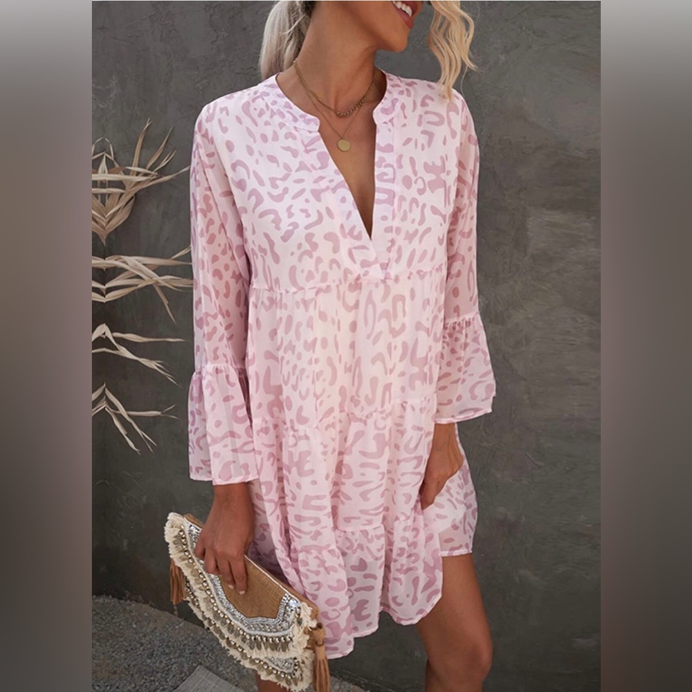 Pink Leopard mini swing dress tunic size medium new